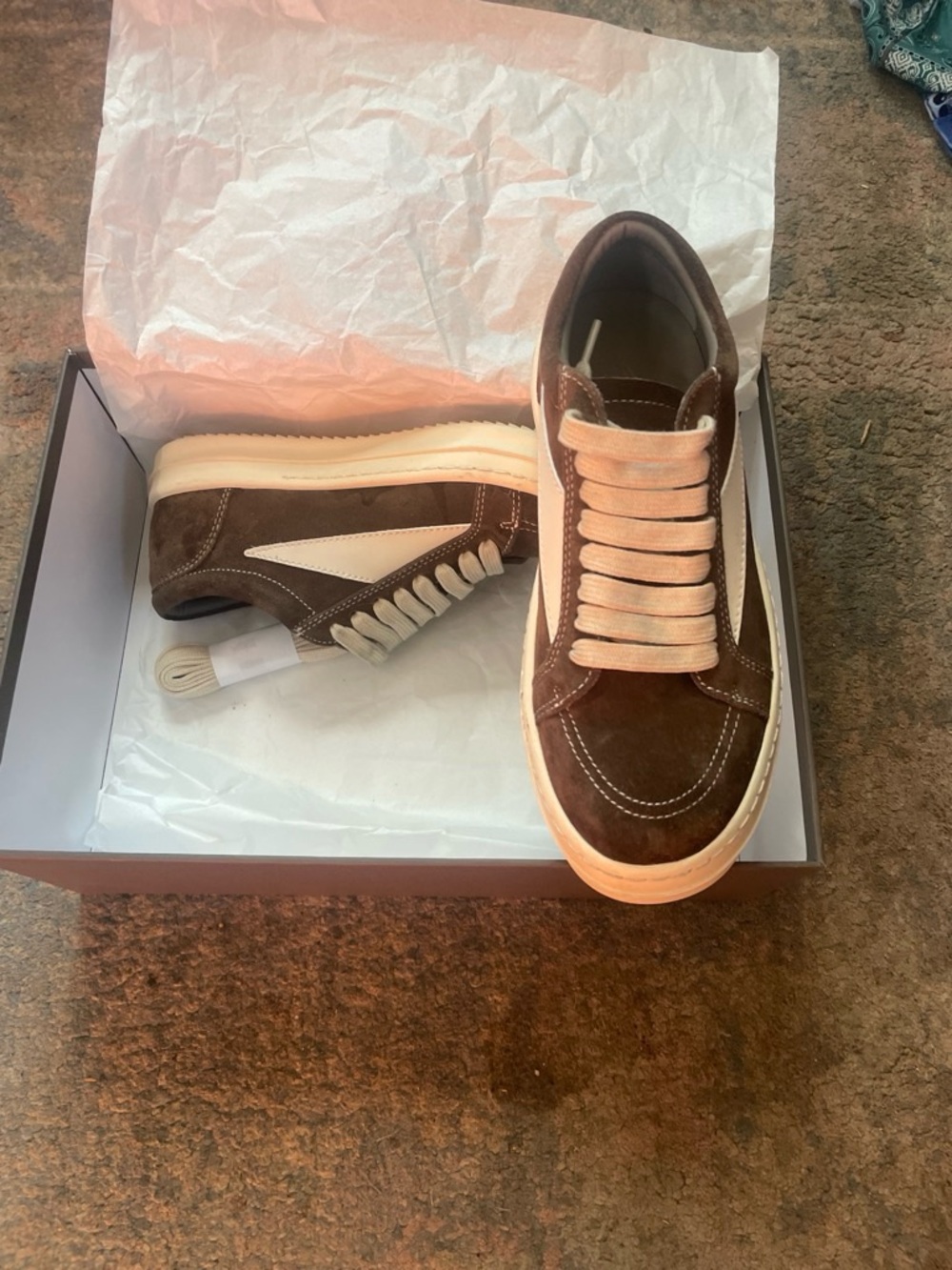 Rick Owens Brown Suede Low-Top Sneakers with Cream Accents